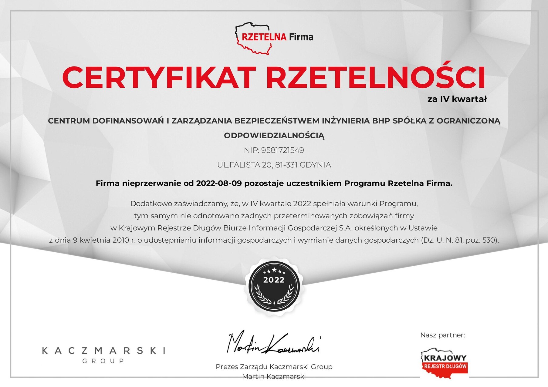 Certyfikat Rzetelna Firma