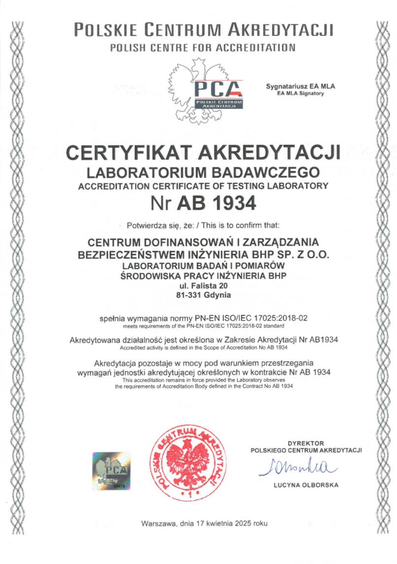 Certyfikat Akredytacji Laboratorium Badawczego